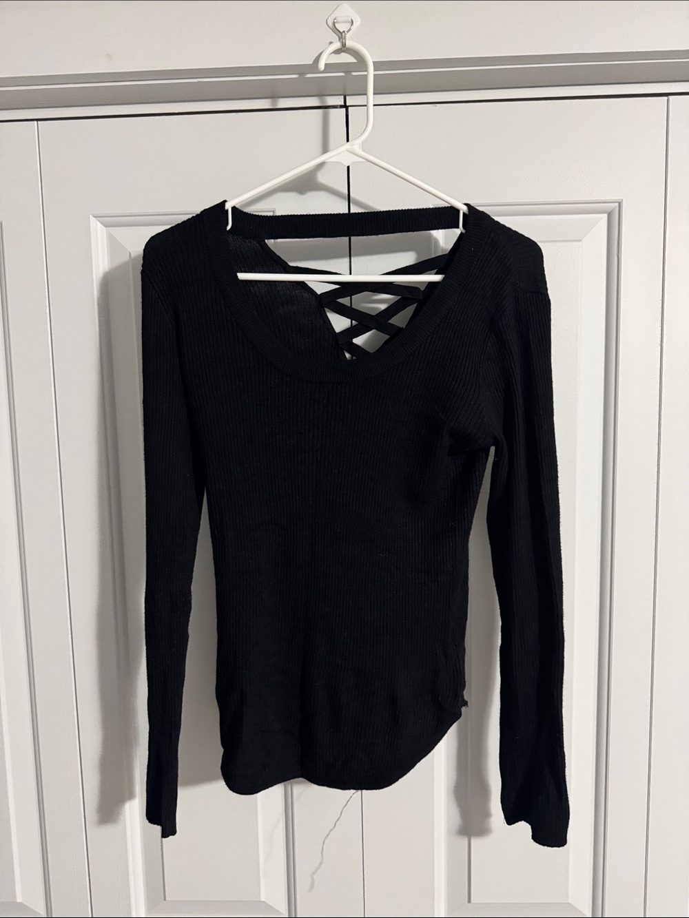 Justice Black Ribbed Long-Sleeve Top with Crisscross Back Detail